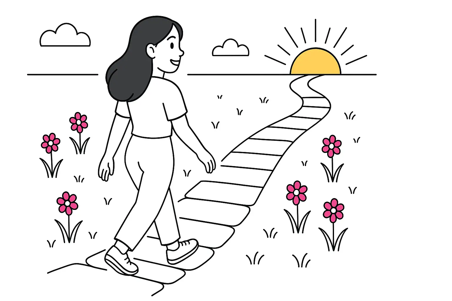 Illustration of a woman walking on stepping stones along a winding path toward the sun, symbolizing small, intentional changes for managing ADHD, procrastination and executive dysfunction