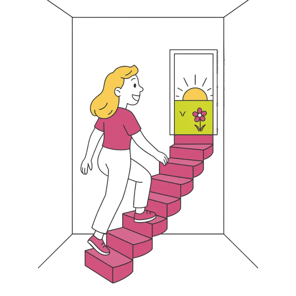 Illustration of a woman climbing a spiral staircase toward a door opening to a sunny horizon symbolizing progress and hope to get unstuck and stop procrastination with micro habits.